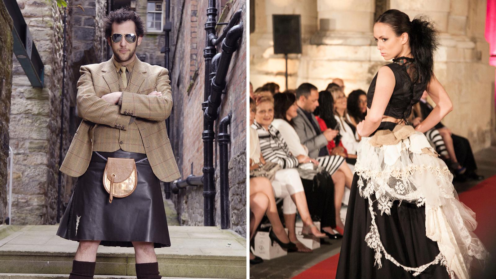 At left, Howie Nicholsby of 21st Century Kilts models his own designs; at right, Judy R Clark’s designs incorporate elements like Scottish lace and tartan (Credit: Alamy)